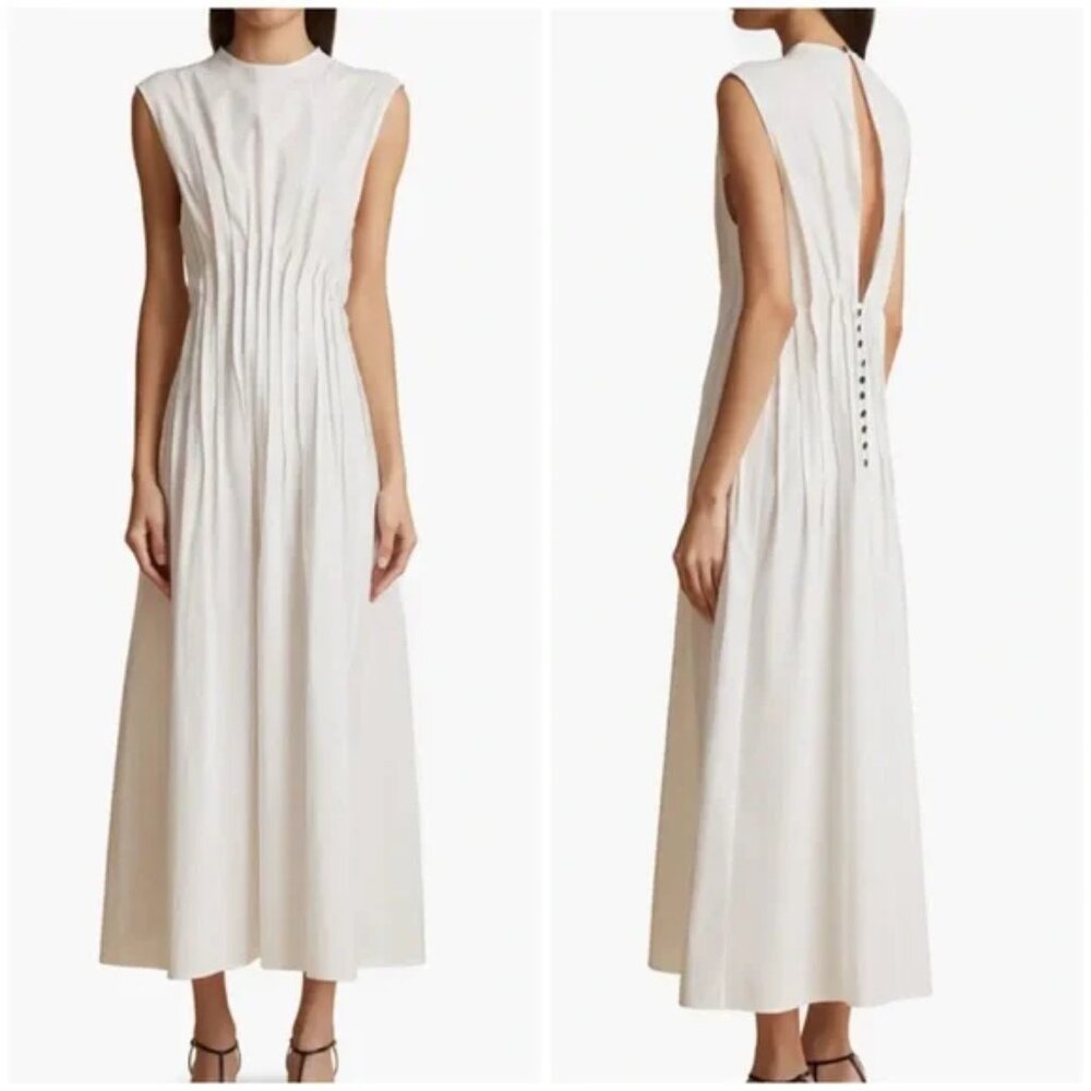 Khaite Women's White Wes Pleated Cotton Poplin Dress Size 12  Sleeveless